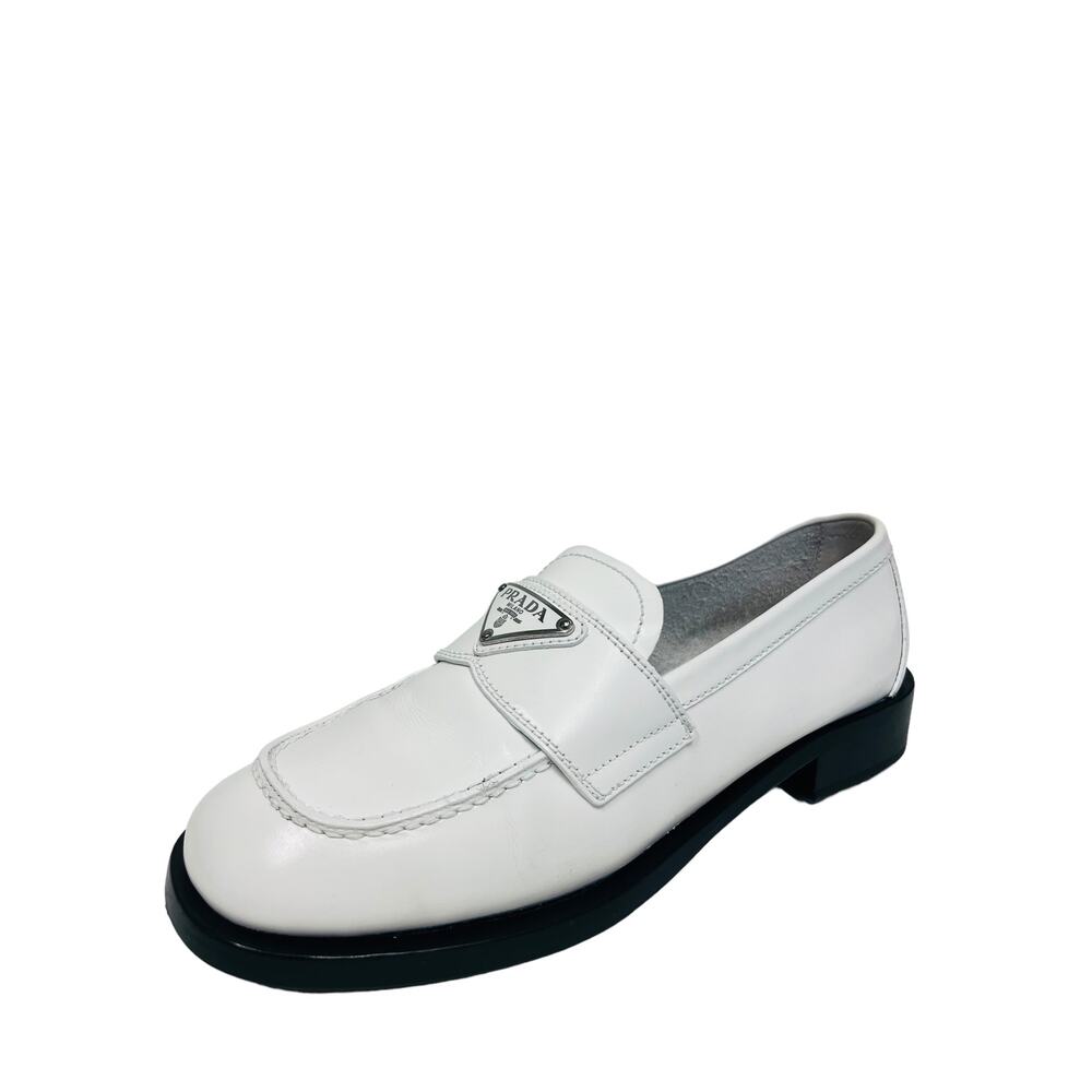 PRADA White Leather Metal Triangle Logo Slip-On Loafers Size 36.5 US 6.5 - Picture 7 of 11